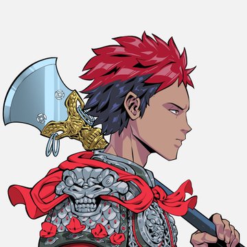 A 2D anime-style character illustration featuring a man with red and black hair, wearing ornate armor with a lion faceplate, and carrying a large axe over his shoulder.