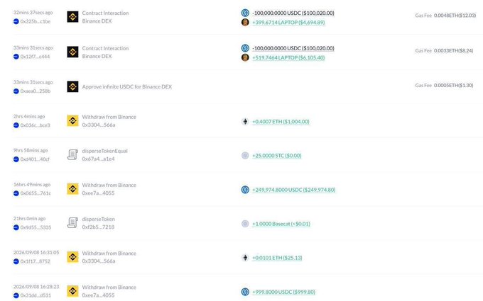 A Binance wallet transaction history shows large USDC withdrawals ($249,974.80, $997.80) and purchases of the $LAPTOP memecoin, totaling $200,000+ in buys ($100,000 and $399.67), illustrating the trader's quick entry and rapid loss on the meme token.