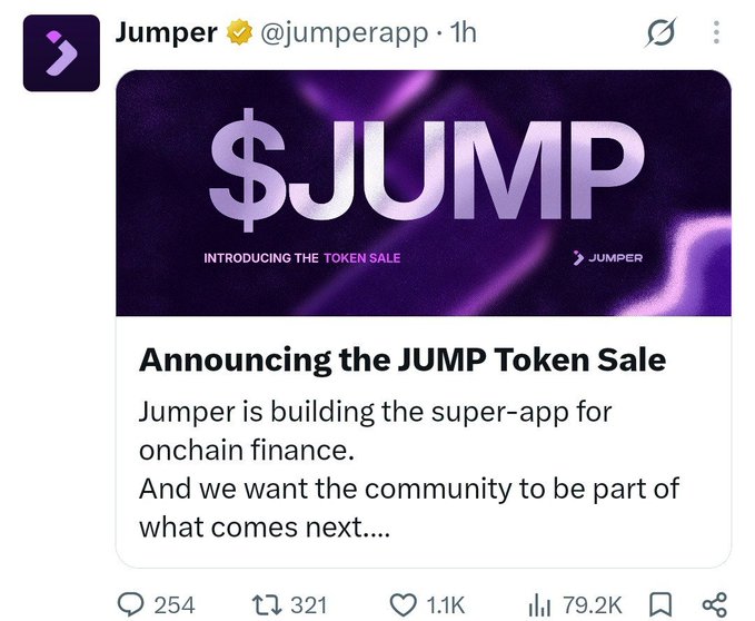 A tweet from Jumper (@jumperapp) announcing the '$JUMP Token Sale' to introduce a super-app for onchain finance, garnering 1.1K likes and 79.2K views.