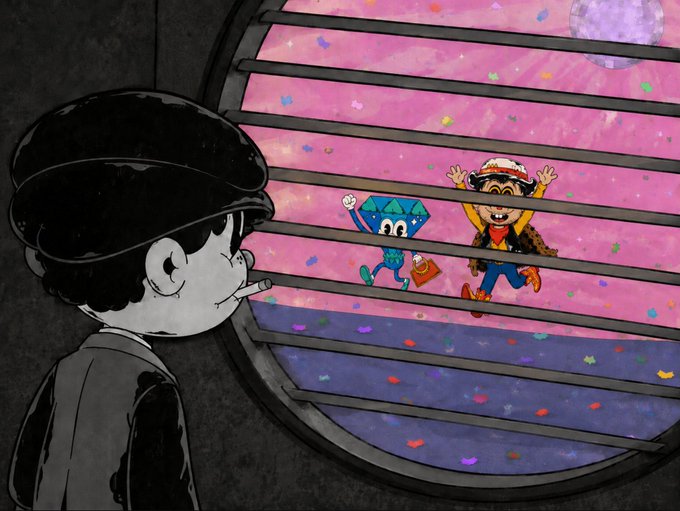 An illustration showing a man in black and white smoking a cigarette and looking through a barred window at a colorful scene with a girl, a blue diamond character, and confetti against a pink background.