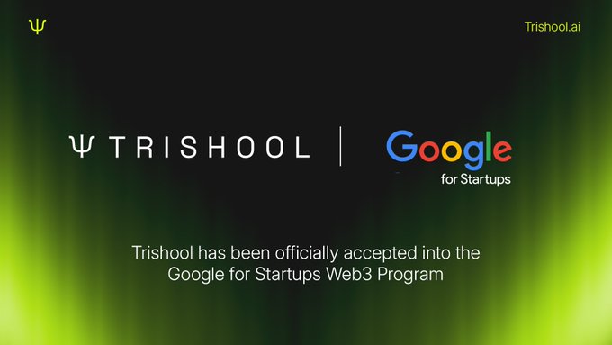The image displays a promotional poster for Trishool's collaboration with Google for Startups Web3 Program. The poster features a black background with white text that reads "Trishool has been officially accepted into the Google for Startups Web3 Program". Below this text, there is a small graphic of two blue and orange lines representing the program's partnership with Google for Startups. There are also two smaller graphics in the bottom right corner, both depicting the same design elements as the main text - blue and orange lines crossing over each other to create a line art pattern resembling the text on the poster.