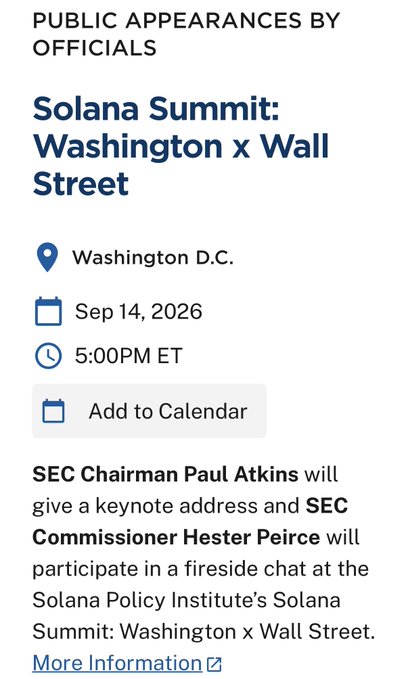 An event listing for the "Solana Summit: Washington x Wall Street" on September 14, 2026 at 5:00 PM ET in Washington D.C., featuring SEC Chairman Paul Atkins giving a keynote and SEC Commissioner Hester Peirce participating in a fireside chat hosted by the Solana Policy Institute. The image confirms the accompanying post about SEC officials attending the event.
