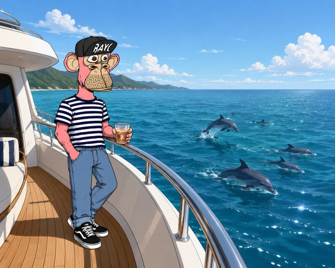 A cartoon-style illustration of a Bored Ape Yacht Club (BAYC) NFT character wearing a striped shirt and "BAYC" cap, holding a drink on a yacht with dolphins swimming in the turquoise ocean.