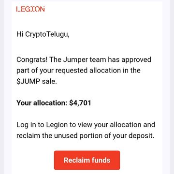 A Legion platform notification addressed to CryptoTelugu informs them that their Jumper $JUMP sale allocation has been partially approved for $4,701, with a "Reclaim funds" button below. The image illustrates the user's frustration about receiving only $4,701 in Jumper allocation compared to others who received several thousand to tens of thousands, as referenced in their complaint post.