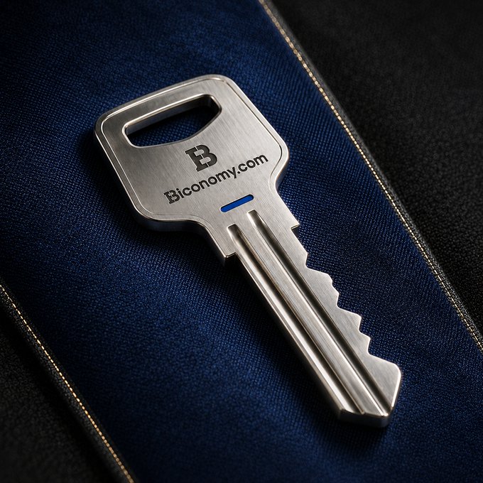 A sleek metallic key branded with "Biconomy.com" rests on a dark navy surface, symbolizing the gateway to crypto opportunities. The key's design reinforces the post's message of unlocking endless possibilities in the Web3 space.