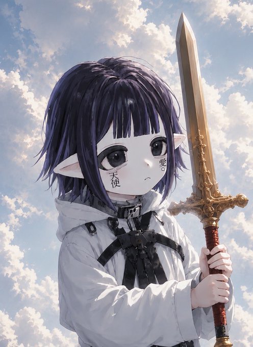 ikebana artist holds a sword with gold accents, set against a blue sky and white clouds.