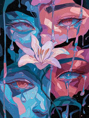 A surreal, cubist-style illustration featuring multiple fragmented faces with crying eyes rendered in pink and teal hues, intertwined with a central white lily flower.