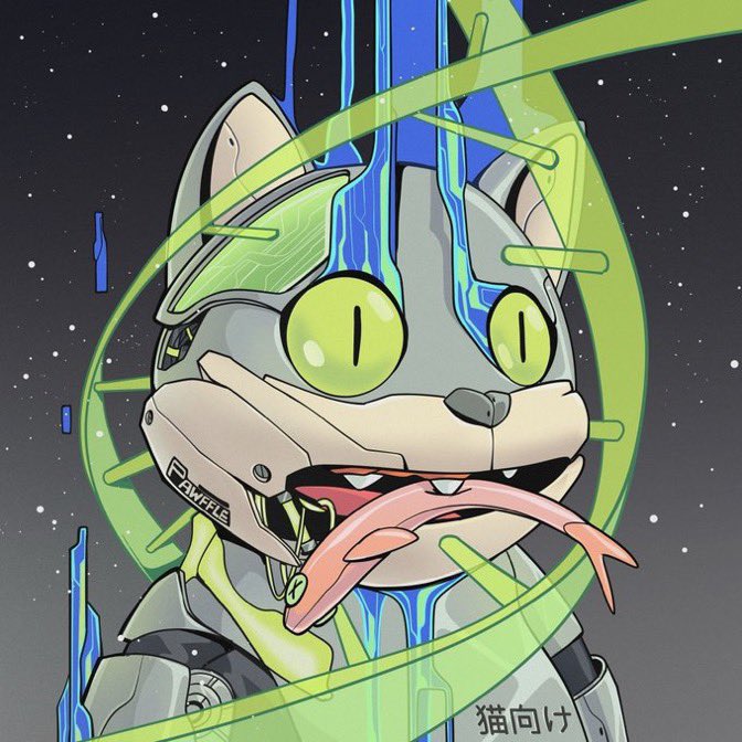 A colorful digital illustration of a cat-like character in futuristic armor with glowing green eyes, sticking out its tongue, surrounded by neon green and blue circular designs and Chinese text '猫向け' (for cats).