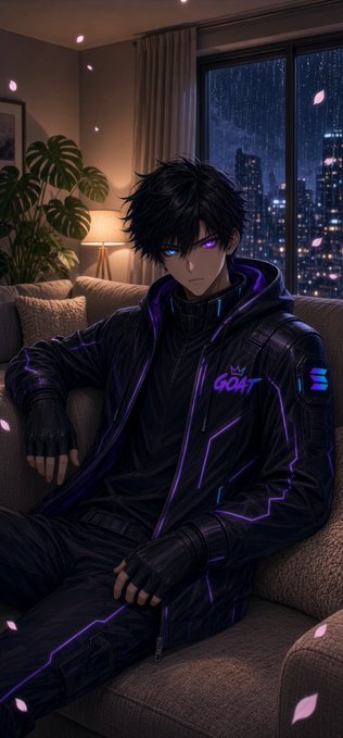 An anime-style character with glowing heterochromatic eyes (blue and purple) wearing a black and purple tech jacket with 'GOAT' lettering, sitting on a couch by a window with falling petals.
