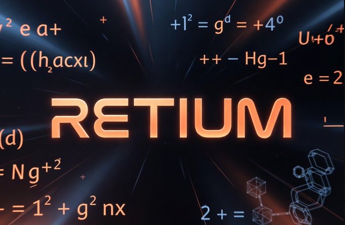 Stylized orange 'RETIUM' logo set against a dark background with mathematical equations and floating geometric shapes.