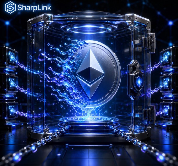 A high-tech digital rendering features an Ethereum (ETH) coin enclosed in a glowing glass chamber, secured by chains and emitting electric blue energy, with the "SharpLink" logo displayed in the upper-left corner. The futuristic, secured visual reinforces the post's message of SharpLink's $200M ETH deployment through Lido's wstETH, emphasizing the locked-in capital, staking yield, and liquid positioning custodied by Anchorage Digital.
