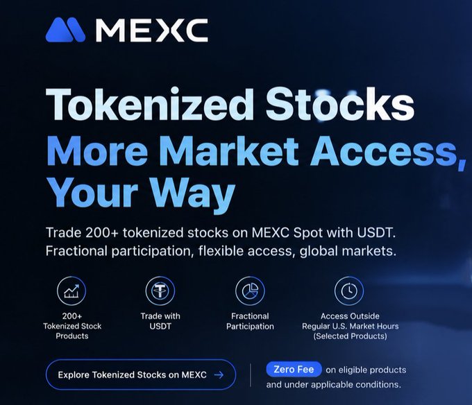The image is a promotional banner for MEXC highlighting its Tokenized Stocks offering, featuring the headline "Tokenized Stocks - More Market Access, Your Way" with key benefits including 200+ tokenized stock products, USDT trading pairs, fractional participation, and outside-U.S. market hours access with zero fees—visually reinforcing the post's point about expanding crypto users' ways to gain stock market exposure beyond direct share ownership.
