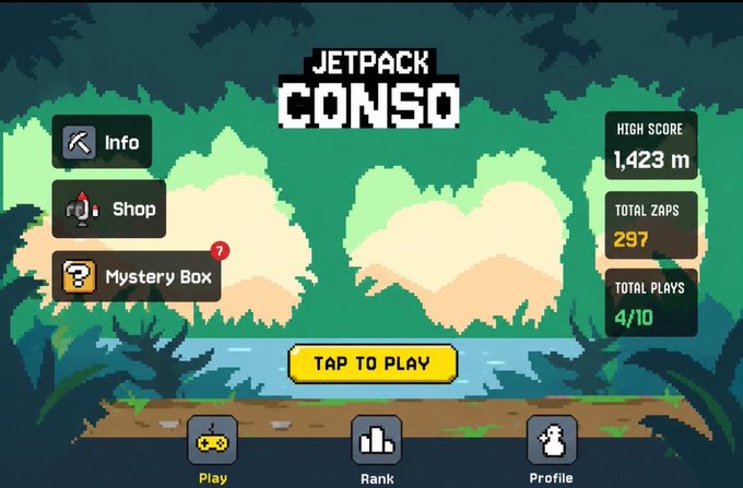 A pixel art main menu screen for a game called 'JETPACK CONSO', showing a high score of 1,423 m, 297 total zaps, 4/10 total plays, and a 'TAP TO PLAY' button.