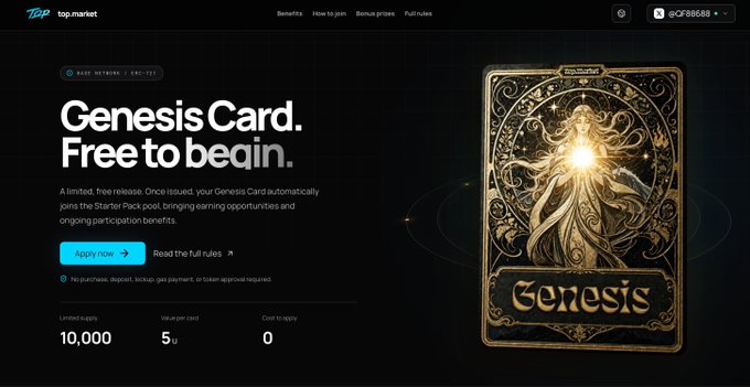 The 'TOP top.market' website advertises a 'Genesis Card. Free to begin.' NFT project with a limited supply of 10,000.