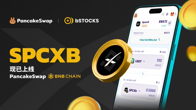In the image, there's a black background with white text that reads "SPCXB" at the top, followed by an explanation of cryptocurrency trading on PancakeSwap. The text also mentions Bitcoin Core, which indicates the presence of Bitcoin in this platform for trading. Below the text, there are three coins: Bitcoin, USDC and LTCA, which are all listed as tradable items available on PancakeSwap's trading platform.