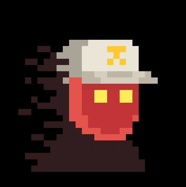 A pixel art image showing a red character with yellow eyes wearing a white and gold hat, resembling a popular meme character, against a dark background.