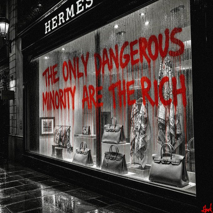 A black-and-white photograph of a Hermès storefront window displaying luxury handbags and scarves, vandalized with red spray paint reading 'THE ONLY DANGEROUS MINORITY ARE THE RICH' with paint dripping down the glass.