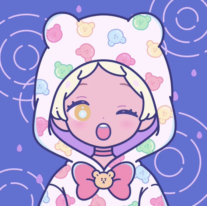 A cartoon girl winks while wearing a pastel teddy bear-patterned hoodie with a pink bow featuring a bear face, set against a purple background with swirls. The image aligns with the post's promotion of a crypto-themed NFT character artwork from the X dropchan collection.