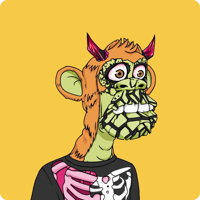 A Bored Ape Yacht Club Mutant Ape with orange fur, pink devil horns, and a green stone-like jaw/face texture poses against a yellow background while wearing a skeleton shirt. The image aligns with the post's "#MutantMonday #MAYC" hashtag, showcasing a member of the Bored Ape Yacht Club Mutant Ape collection being celebrated by its owner.