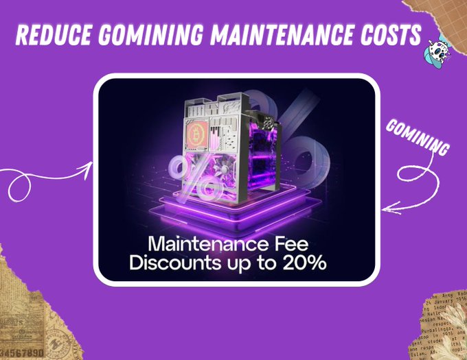 A promotional graphic for GOMINING featuring a computer with a glowing percent symbol, advertising 'Maintenance Fee Discounts up to 20%' under the headline 'REDUCE GOMINING MAINTENANCE COSTS'.
