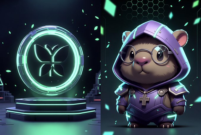 Split digital art image: on the left, a glowing neon green circular emblem on a pedestal; on the right, a cartoon hamster character wearing purple armor and round glasses.
