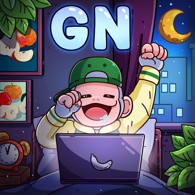 A cartoon illustration features a baby in a green cap sitting at a laptop in bed at night, with 'GN' (good night) displayed in glowing blue letters above.