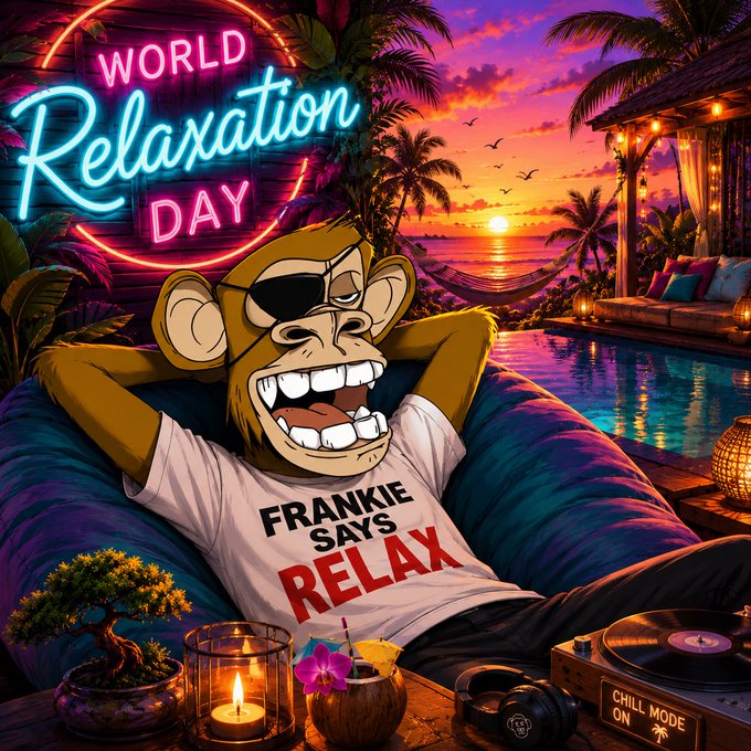 A vibrant, stylized illustration of a cartoon monkey wearing sunglasses and a 'FRANKIE SAYS RELAX' t-shirt, lounging in a tropical pool setting at sunset with a neon 'WORLD Relaxation DAY' sign.