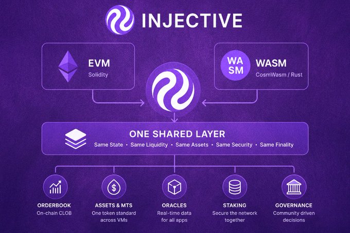 An infographic explaining Injective's architecture, showing EVM (Solidity) and WASM (CosmWasm/Rust) connecting to a shared layer with same state, liquidity, assets, security, and finality, supporting on-chain orderbooks, assets, oracles, staking, and governance.