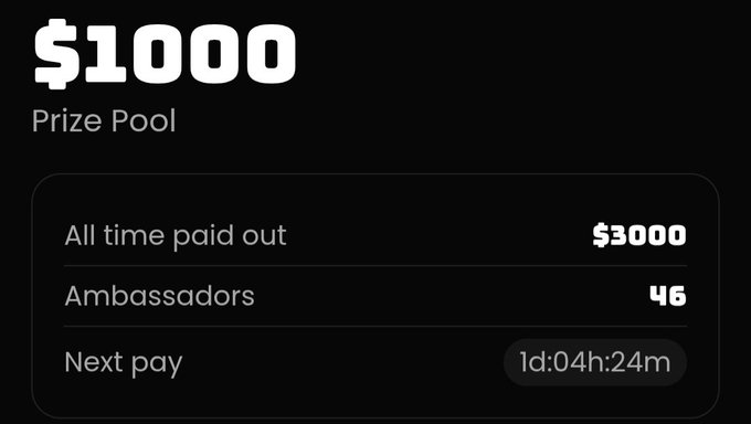 A dashboard displays a $1000 prize pool for the Duel Duck Ambassador Program, showing $3000 all-time paid out, 46 ambassadors, and a 1 day, 4 hour countdown to the next pay period. The image visually supports the post's call to increase the reward pool, as the growing ambassador count suggests the current $1000 pool may be insufficient.
