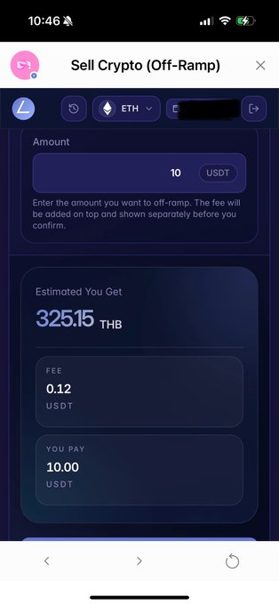 A mobile app screenshot showing a 'Sell Crypto (Off-Ramp)' transaction, converting 10 USDT (ETH) to an estimated 325.15 THB with a 0.12 USDT fee.