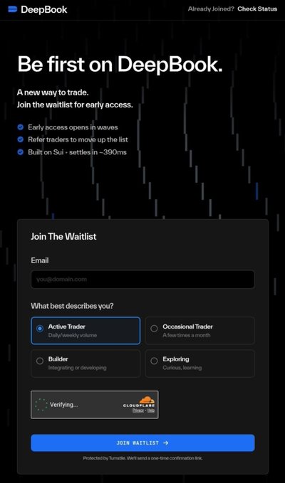 A screenshot of the DeepBook waitlist sign-up page featuring the headline "Be first on DeepBook" with email and user type selection fields, and a Cloudflare verification captcha. The image visually represents the post's call-to-action to register for early access to DeepBook's trading platform on Sui Network for a potential $DEEP airdrop.