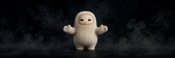 A small, fluffy white creature with a smiling face and outstretched arms stands against a dark, smoky background, surrounded by wisps of fog.