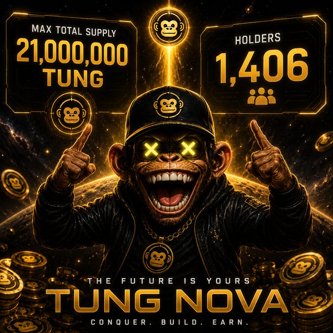 A promotional graphic for 'TUNG NOVA' cryptocurrency showing a monkey character with glowing X eyes pointing upward, displaying 'MAX TOTAL SUPPLY 21,000,000 TUNG' and 'HOLDERS 1,406' with the tagline 'THE FUTURE IS YOURS - CONQUER. BUILD. EARN.'