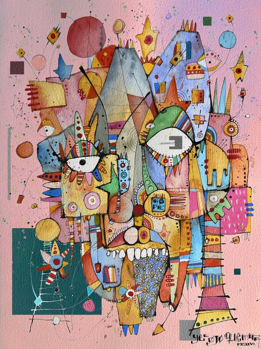 A vibrant, cubist-style abstract portrait featuring a fragmented face composed of colorful geometric shapes, patterns, and disjointed facial features—including multiple eyes, teeth, and puzzle-like elements—set against a pink background scattered with stars and circles. The artist's signature appears in the lower right, with the title "Anatomy of a Contemporary Self" reflecting the piece's fragmented, identity-questioning visual language.