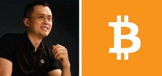 The image shows Changpeng Zhao (CZ), founder of Binance, smiling and wearing a black polo shirt alongside the Bitcoin (₿) logo on an orange background, illustrating his simple "HODL" approach to Bitcoin investing without active trading or market timing.
