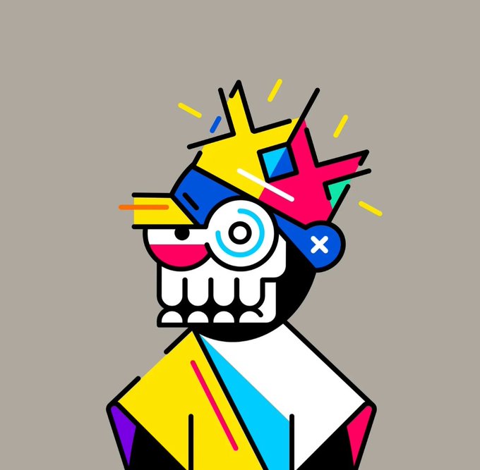 A colorful geometric illustration of a stylized skull wearing an abstract crown and sunglasses, featuring vibrant pink, yellow, blue, and cyan shapes against a beige background.