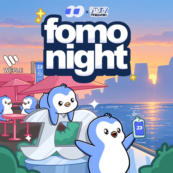 Colorful cartoon graphic for 'fomo night' featuring cute penguins in a vehicle at sunset, co-branded with 'WEPLE', 'BUD Penguins', and a blue 'D' logo.