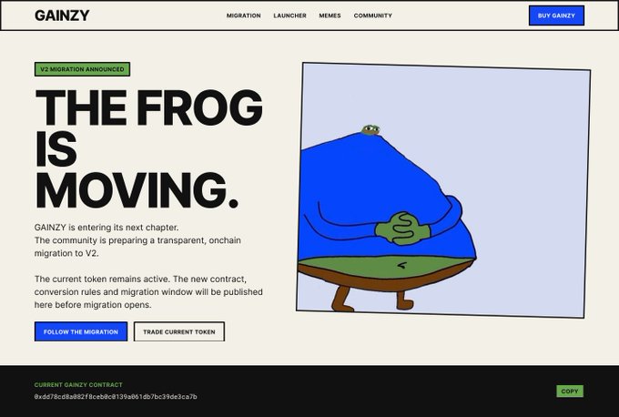 The image shows a GAINZY website announcing a V2 migration ("THE FROG IS MOVING"), with text explaining that the current token remains active while new contract details and a migration window will be published, alongside the current contract address "0xdd78cd8a082f8ceb0c0139a061db7bc39de3ca7b" — which matches the address shown in the accompanying post, reinforcing the migration narrative for the GAINZY token.