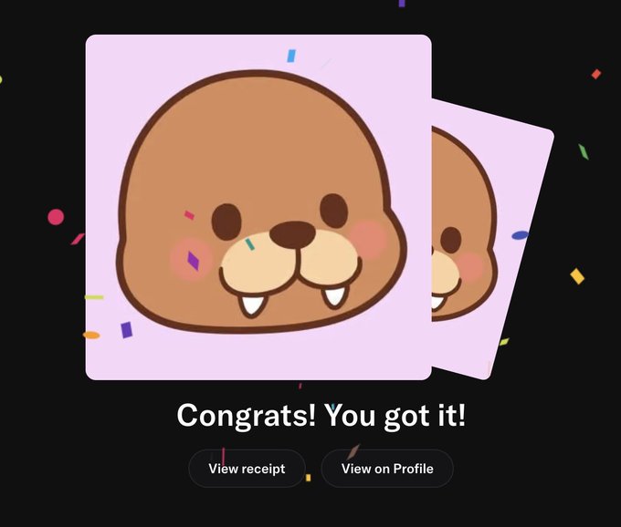 A user celebrates successfully minting a "Wagyu Brands" NFT by Yummy_TheArtist, with the reveal showing an adorable cartoon walrus character on a pink background. The screen displays the congratulatory message "Congrats! You got it!" along with options to "View receipt" and "View on Profile," surrounded by festive confetti.