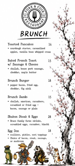 Menu for 'FORK & COIN RESTAURANT' showing brunch items like Yeast Pancakes (14), Baked French Toast (15), Brunch Burger (18), and Egg Don (18), with cherry blossom illustrations and cartoon animal chefs at the bottom.