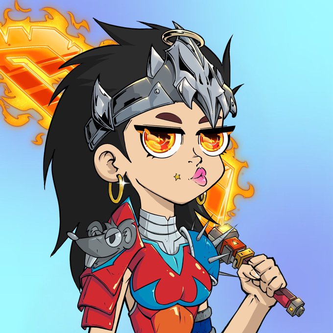 A digital illustration of an anime-style female warrior with a spiked metal headpiece, flaming golden eyes, and dark hair, wielding a fiery sword.