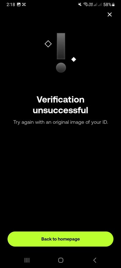 A mobile screen displaying a 'Verification unsuccessful' error message with the instruction 'Try again with an original image of your ID' and a 'Back to homepage' button.