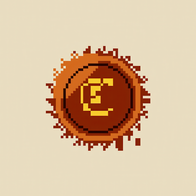 A pixel art illustration depicts a brown circular coin or token with a lighter brown border, featuring a yellow stylized symbol resembling an 'E' or '3' in the center, surrounded by spiky, pixelated orange and brown splatters against a beige background.