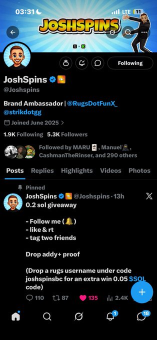The image shows a Twitter account with a post that says "@snoopy6_sol @hiver232 BakyXRTtW2cdivHrqoENQhSfaMjGLRgDudV8QSBGcKNf Username: Solmufasa signed up under your code legend Manifesting a first win here,thank you Josh". The post is about a person named @snoopy6 who has won something on Twitter.