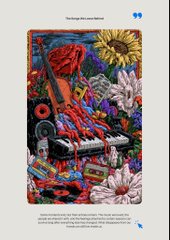A page from a design publication showcasing a colorful, densely packed illustrated poster featuring roses, a piano keyboard, a sun, and various objects with the text "This Design Was Lacuna Made" at the top.