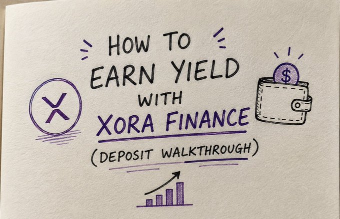A hand-drawn illustration featuring the text "How To Earn Yield with Xora Finance (Deposit Walkthrough)" alongside a wallet icon with a dollar coin and a rising bar graph, visually reinforcing the post's message about putting idle stablecoins (USDT/USDC) to work earning yield on Xora Finance.