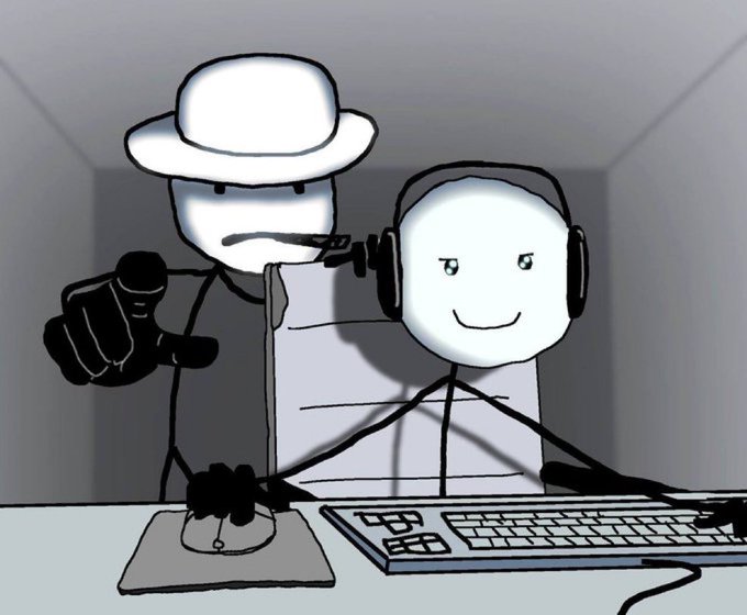 A black-and-white stick figure with headphones and a mischievous smile sits at a keyboard, while a shadowy figure in a fedora points a gun at them from behind—visually echoing the post's ominous tone of "What are we clicking today?" with a dark, threatening undertone to the question.