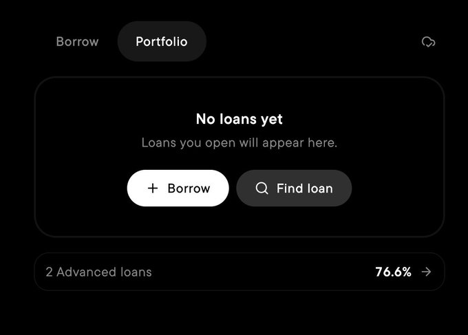 A dark-themed mobile app interface for a crypto lending platform, showing an empty 'Portfolio' section with 'No loans yet' and a '2 Advanced loans' option at 76.6%.