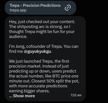 A screenshot of a Twitter DM from Trepa - Precision Predictions (trepa.app) introducing their precision prediction market, signed by co-founder Jong (@guyukyukgu) at 7:22 am.