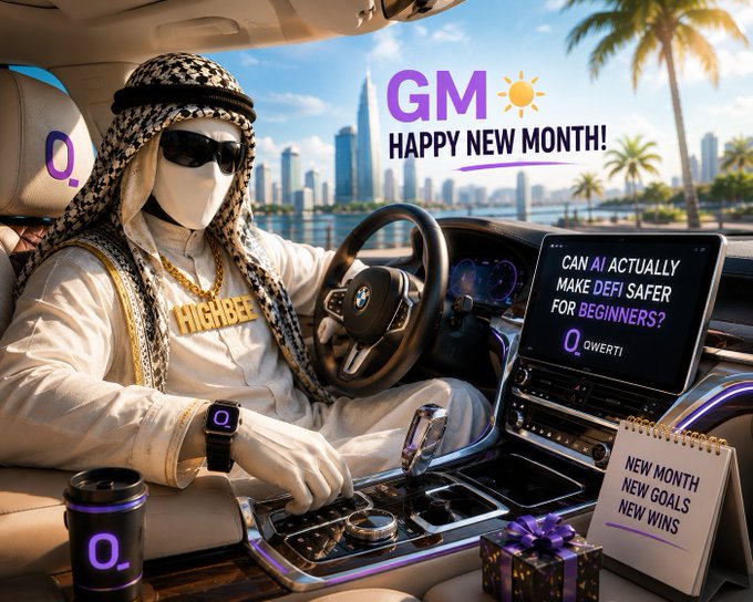 A stylized illustration of a figure in traditional Arab headdress and sunglasses driving a luxury car, with text reading 'GM ☀ HAPPY NEW MONTH!' and 'CAN AI ACTUALLY MAKE DEFI SAFER FOR BEGINNERS? QWERTI'.